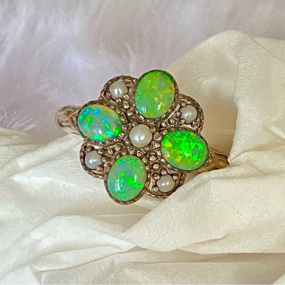 Green Fire Opal Pearl ring 6.5 925 Sterling Silver Filigree Ring - Picture 3 of 6